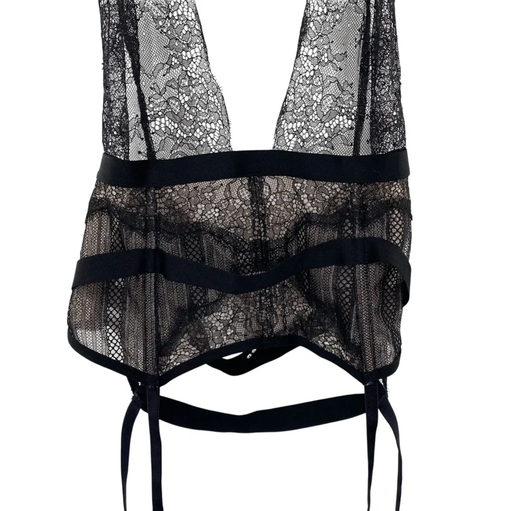 Victoria’s Secret Black Lace Halter Corset Chemise With Garter Belt Lingerie